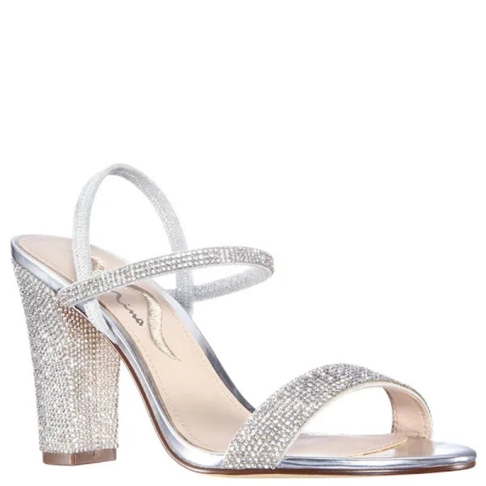 Nina 9.5W Elegant Silver Bedazzle Strappy Heels Holiday Wedding Heels